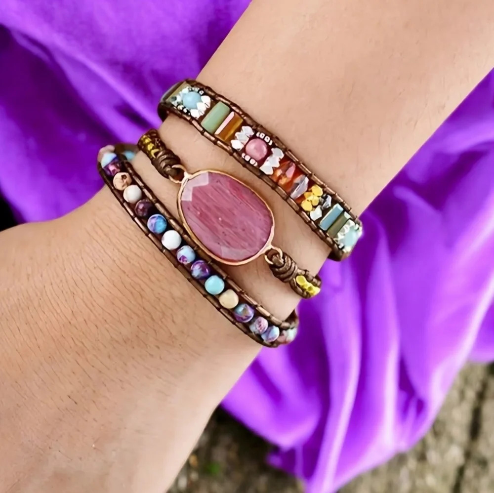 Triple Wrap Leather Bracelet Rhodonite Jasper Crystal Beads Boho Chic Jewelry